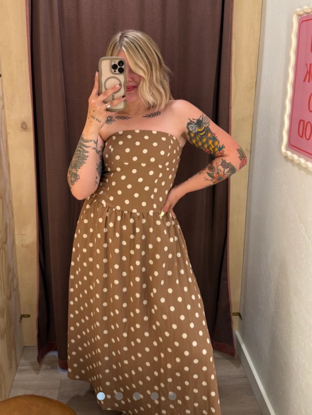 Strapless Brown Polka Dot Maxi Dress